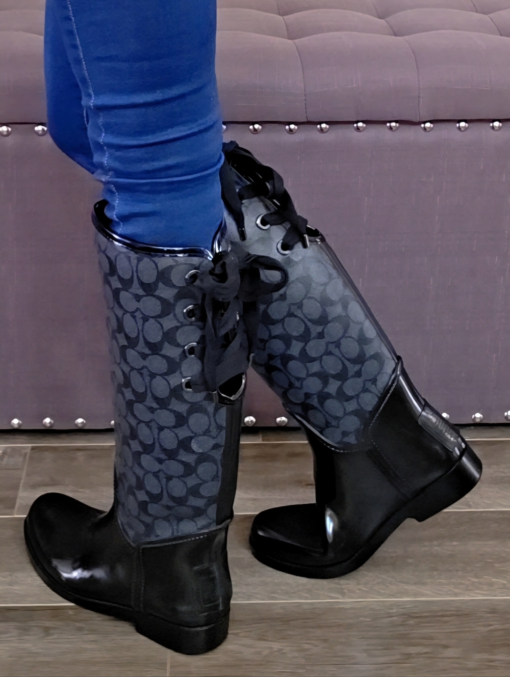 Coach Tristee Black Grey Knee High Winter Rain Boots US 8